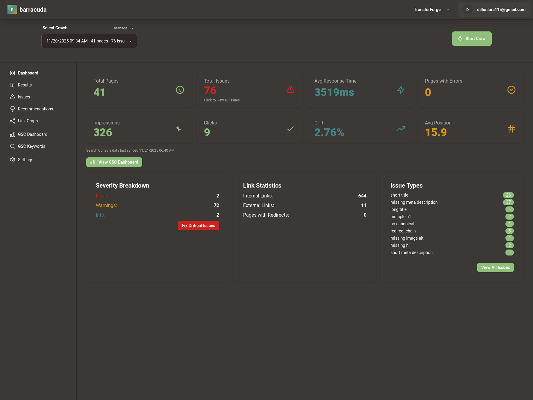 Barracuda SEO Dashboard showing e-commerce SEO audit results