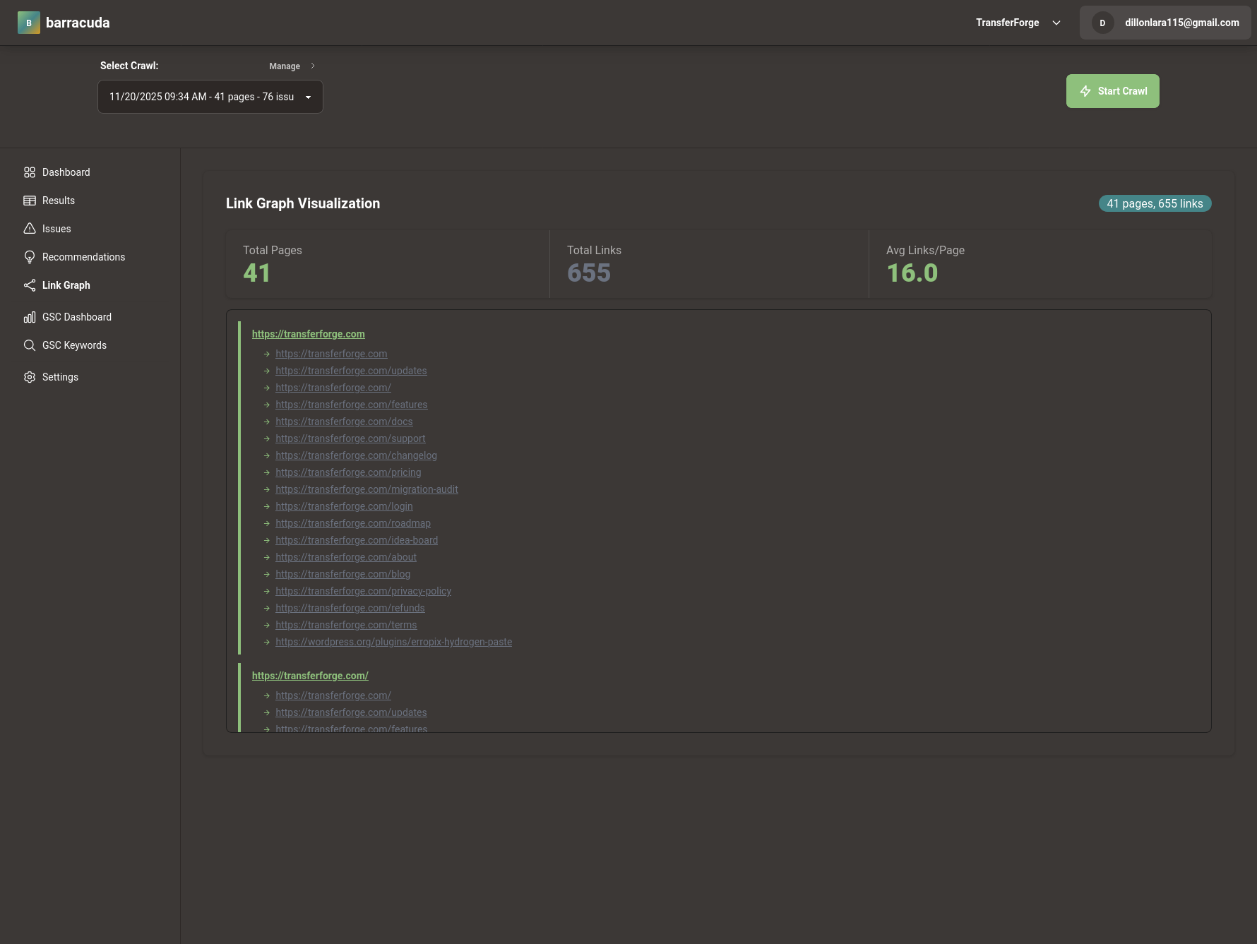 Barracuda SEO Link Graph showing programmatic site structure
