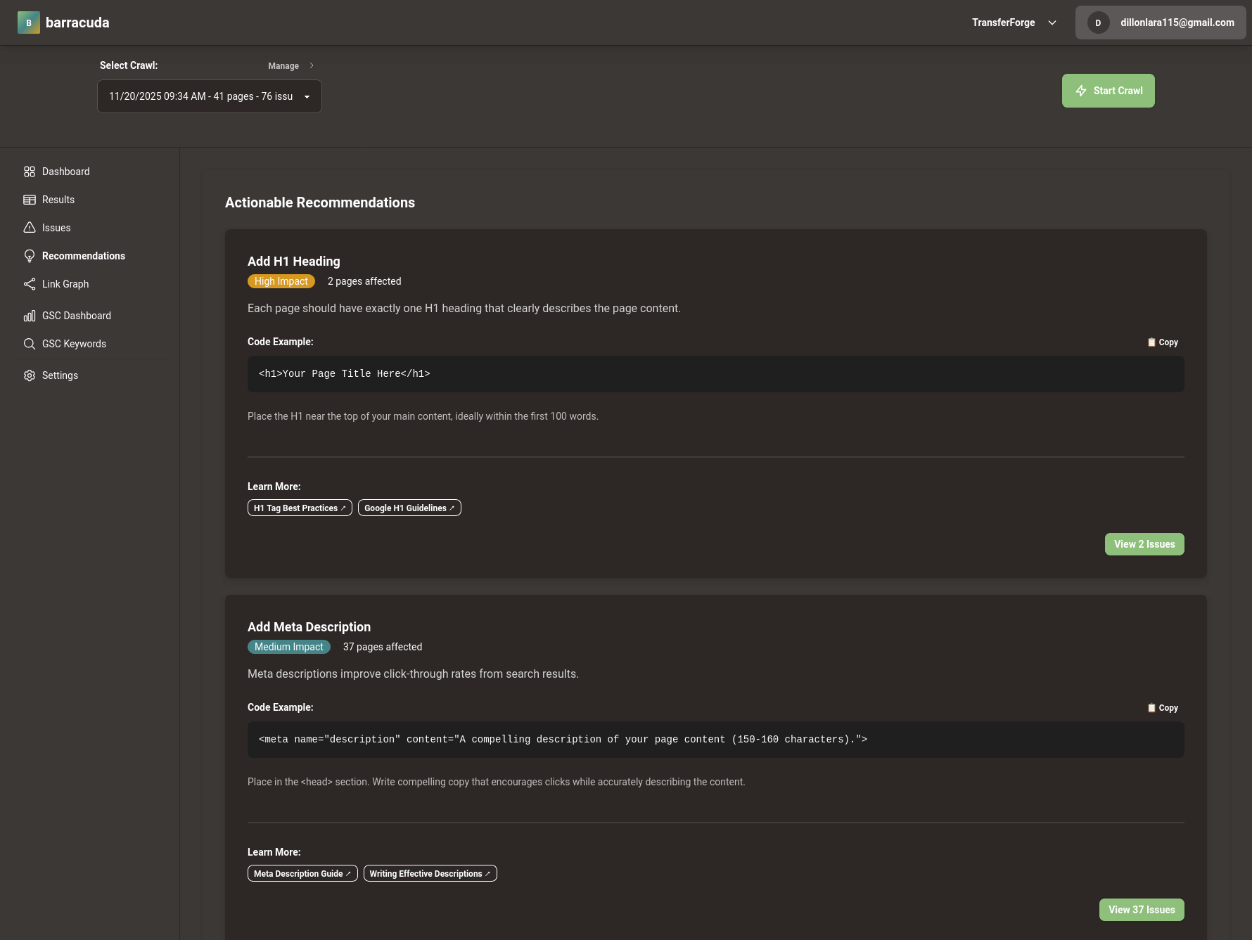 Barracuda SEO Recommendations for e-commerce pages
