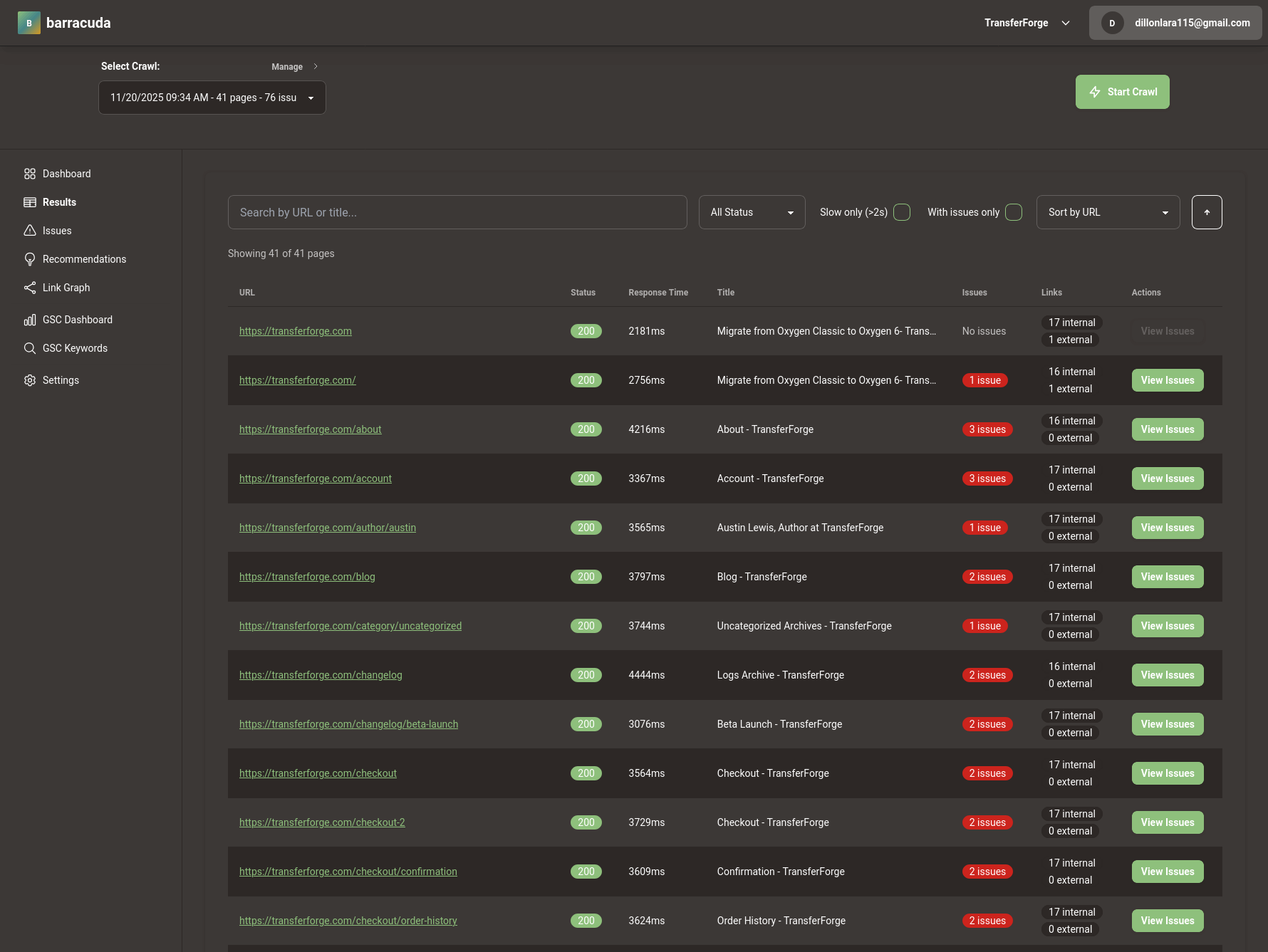 Barracuda SEO Results showing product page audit results